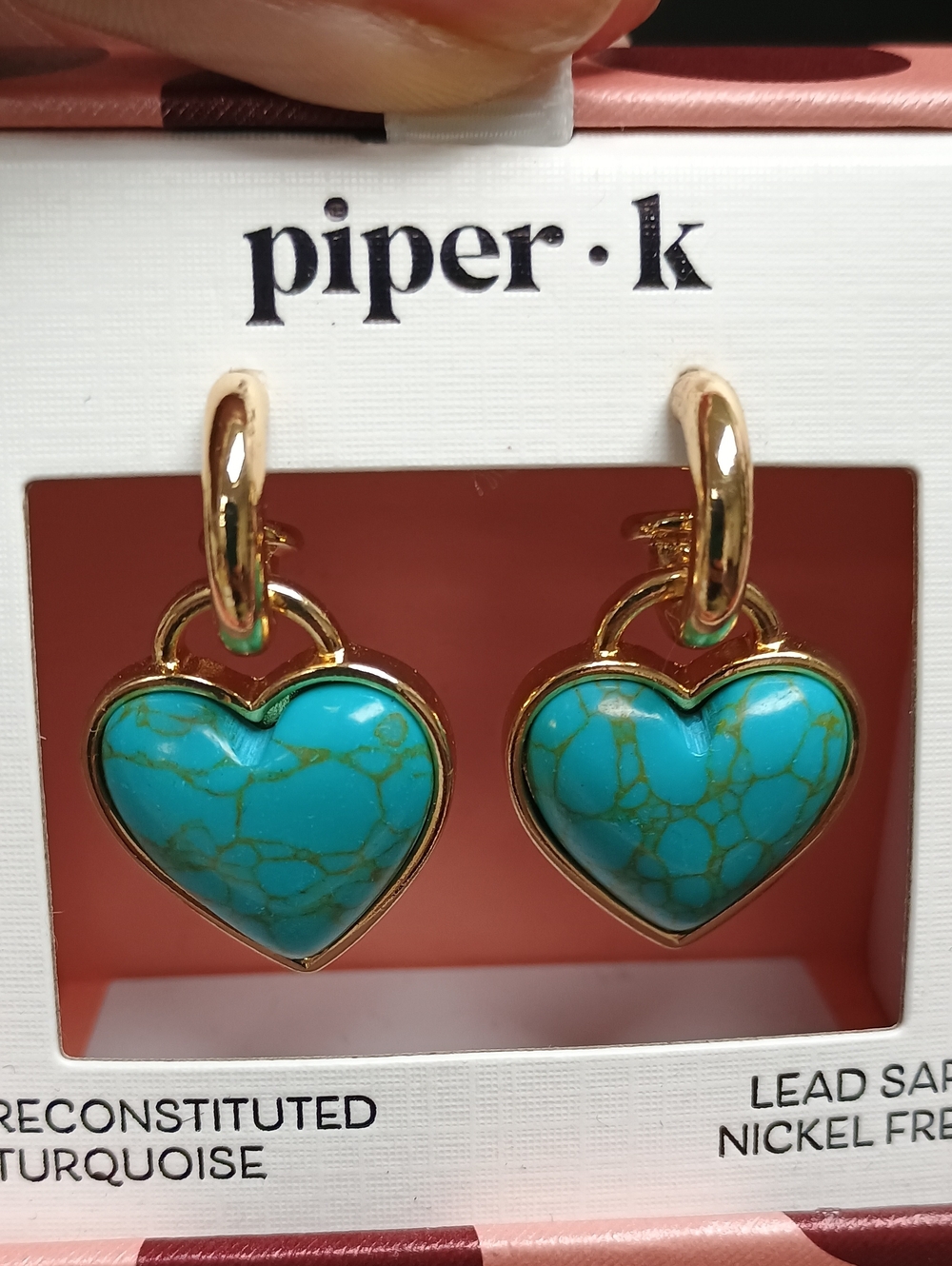 NWT Piper K Reconstituted Turquoise Gold Tone Heart Huggie Hoop Earrings